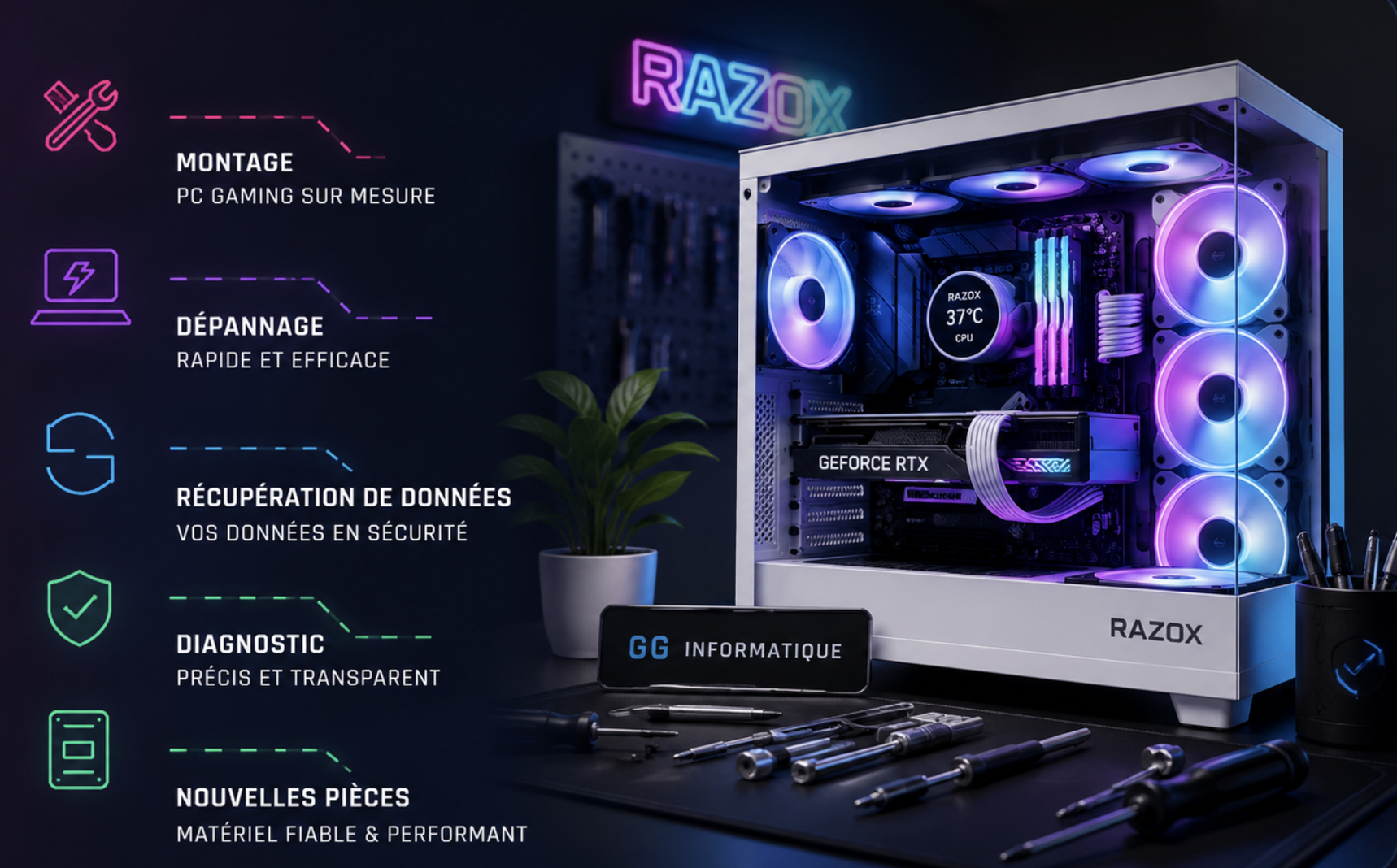 Montage PC gaming RGB & dépannage informatique à Annemasse — diagnostic, sauvegarde, SSD, assemblage, nouvelles pièces
