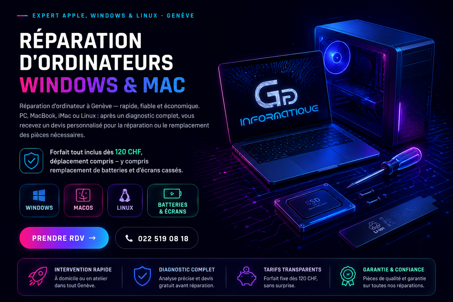 Réparation ordinateur Annemasse : écrans d'erreur Windows et Mac réparés par GG Informatique